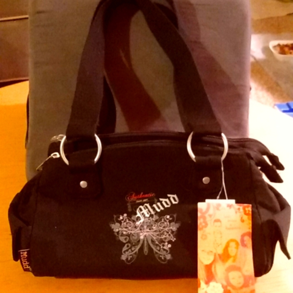 Mudd Black Canvas Handbag with Gothic Embellishments, NWT